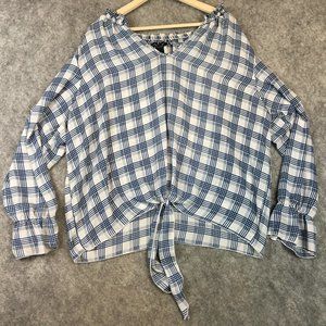 Ashley Stewart Top 22 24 3X Blouse Tie Front Plaid Blue Boho V Neck Ruffle Cuff